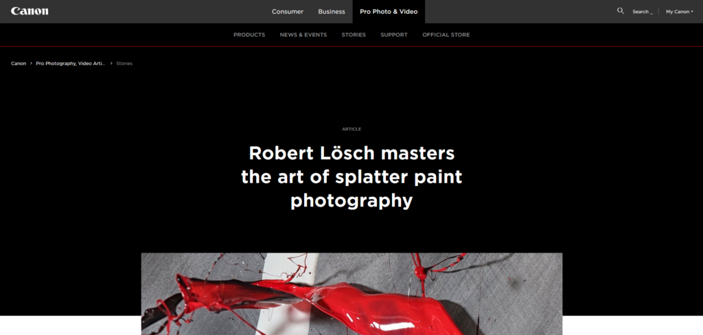 Portfolio on Canon Europe Pro about Live Action Splatter Painting Photography LASPP